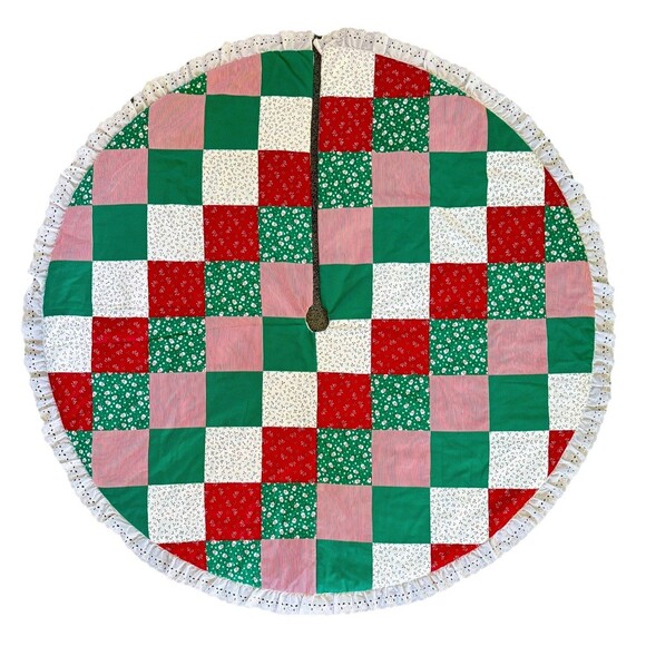 Vintage Large Homemade Patchwork Quilt Christmas Tree Skirt 62” Holiday Décor - Picture 1 of 5